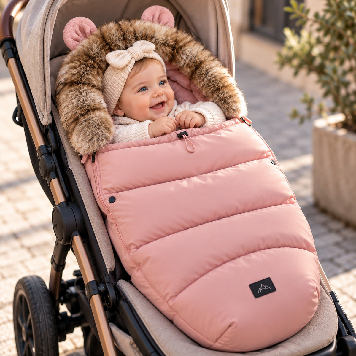 Petite fille au chaud dans une chancelière poussette rose poudré en hiver
