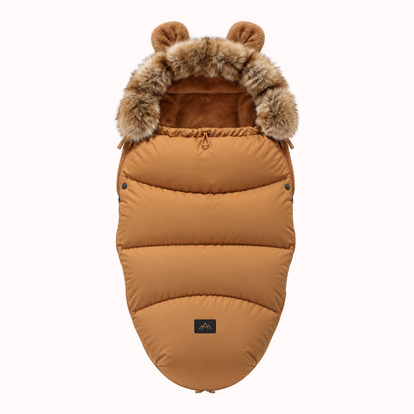 Chancelière poussette hiver camel avec capuche fourrure et oreilles d'ourson