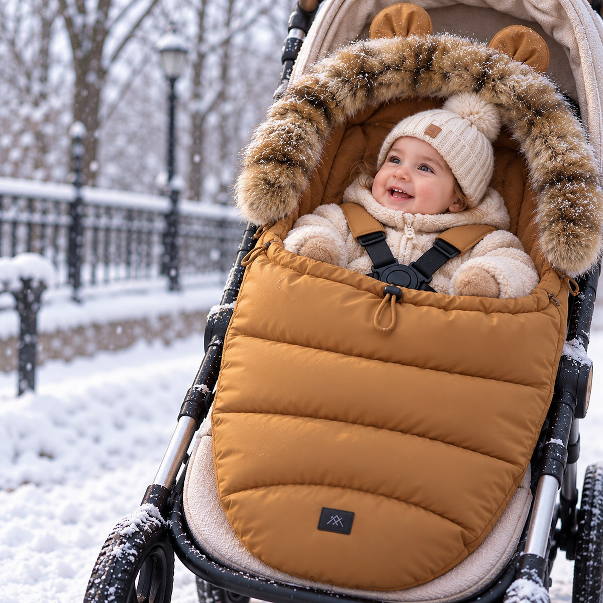 Bébé attaché avec le harnais dans une chancelière poussette camel en hiver