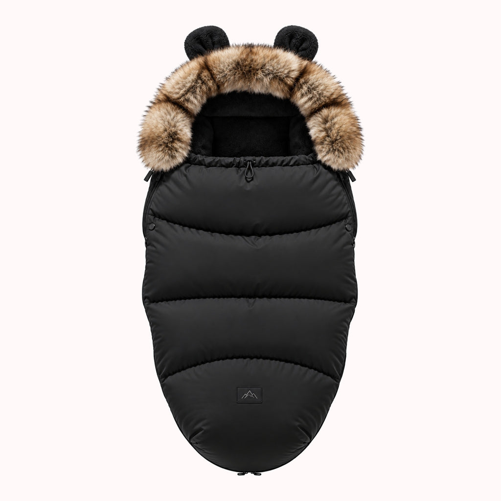Chancelière poussette hiver noire avec capuche fourrure et oreilles d'ourson