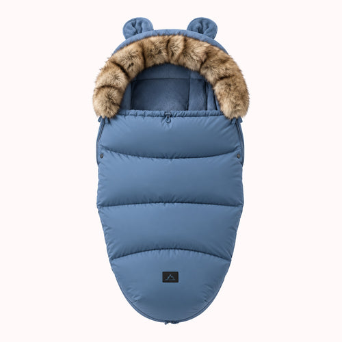 Chancelière poussette hiver bleu orage avec capuche fourrure et oreilles d'ourson