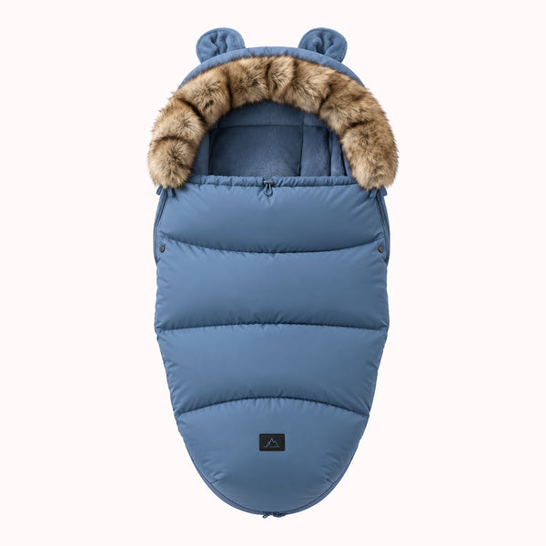 Chancelière poussette hiver bleu orage avec capuche fourrure et oreilles d'ourson