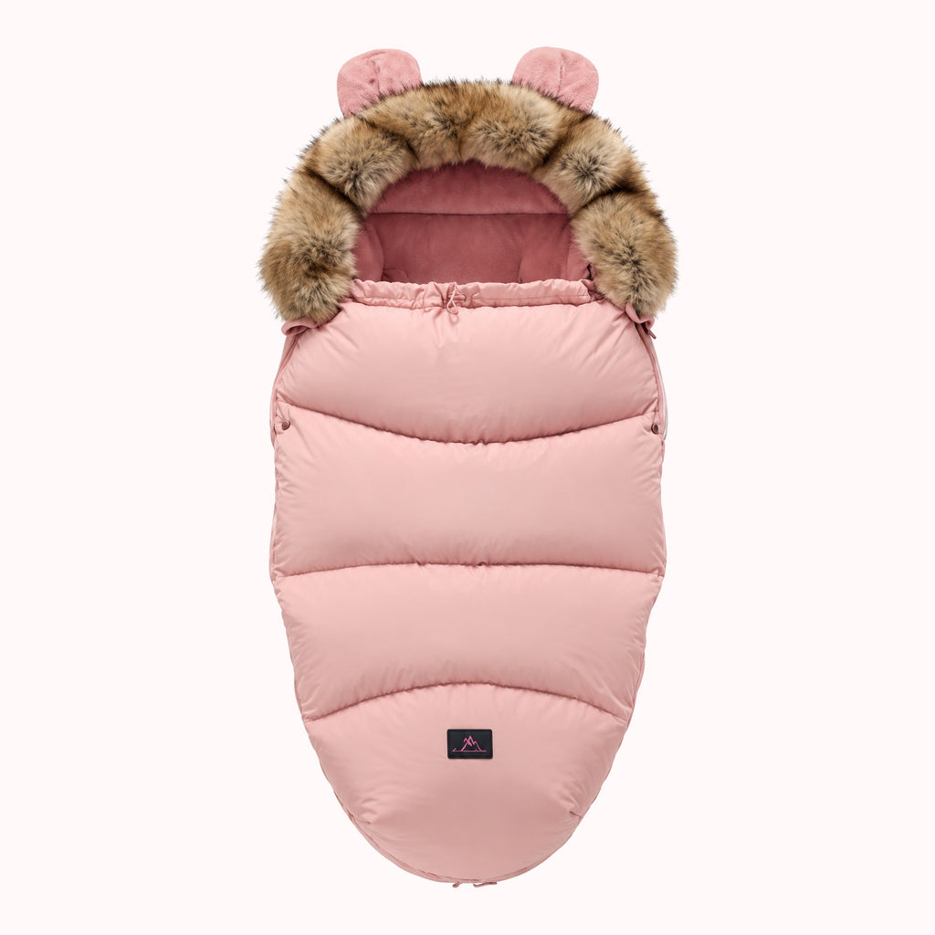 Chancelière poussette hiver rose poudré avec capuche fourrure et oreilles d'ourson