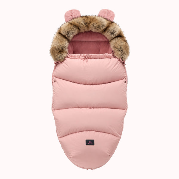Chancelière poussette hiver rose poudré avec capuche fourrure et oreilles d'ourson