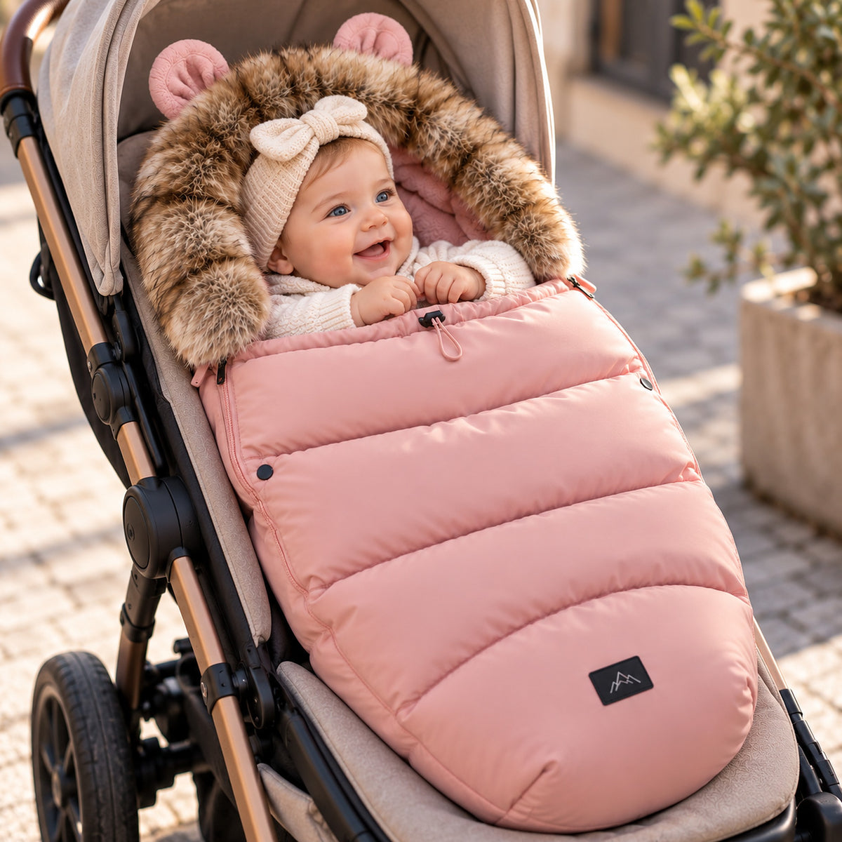 Petite fille souriante dans une chancelière poussette rose poudré en balade d'hiver