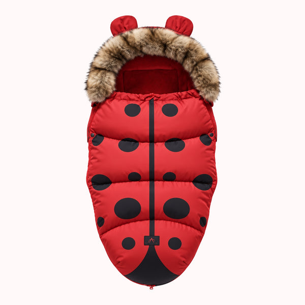 Chancelière poussette hiver coccinelle rouge à pois noirs avec capuche fourrure