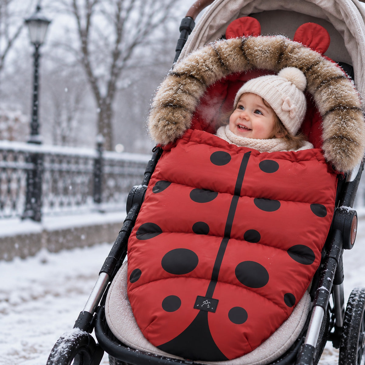 Bébé au chaud dans une chancelière poussette coccinelle en hiver sous la neige