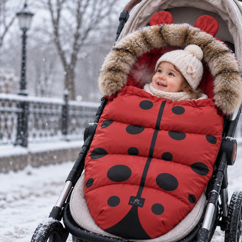 Bébé au chaud dans une chancelière poussette coccinelle en hiver sous la neige